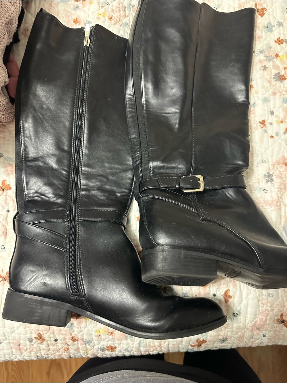 Nine West Black Leather Knee-High Riding Boots with Buckle